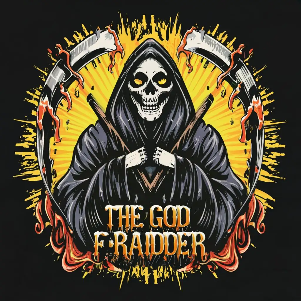 a logo design,with the text 'The God Fraudder', main symbol:grim reaper with day of the dead face paint,complex,be used in Entertainment industry,clear background energy paint drips and splatters grey smoke. background melting