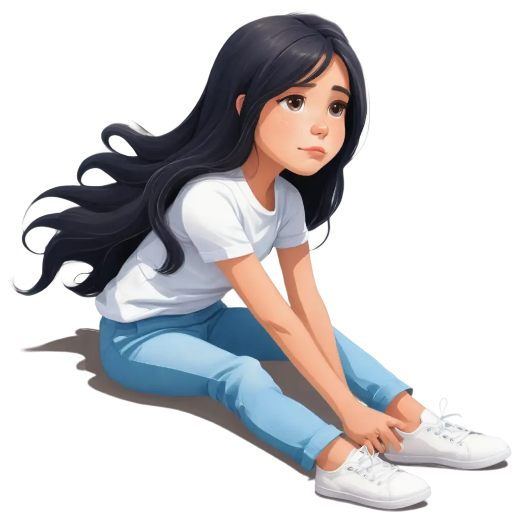 cartoon drawing: A beautiful little girl with white skin, big hazel eyes and black hair. She is around 10 years old. She is wearing a white shirt and light blue pants. Show her laying in the floor She is very sad because she hurt her leg.