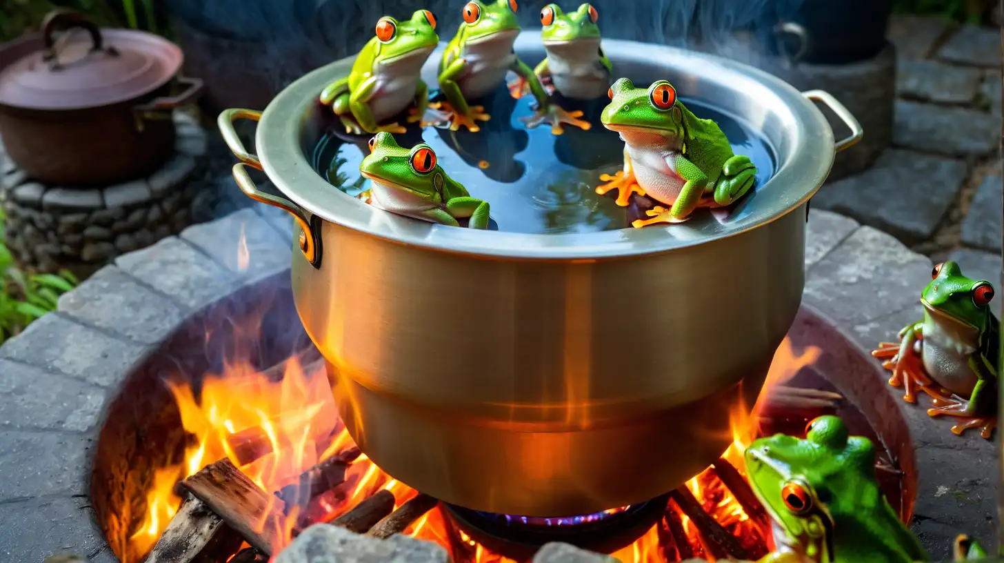Frogs Enjoying a Relaxing Swim in a Large Cooking Pot