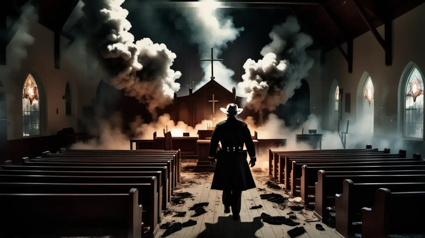 nterior dark church. rural sheriff standing in aisle in uniform, man laying on floor.
 wooden pews.  stage. smoke. Clouds. angelic damage pews, Special effects. explosions