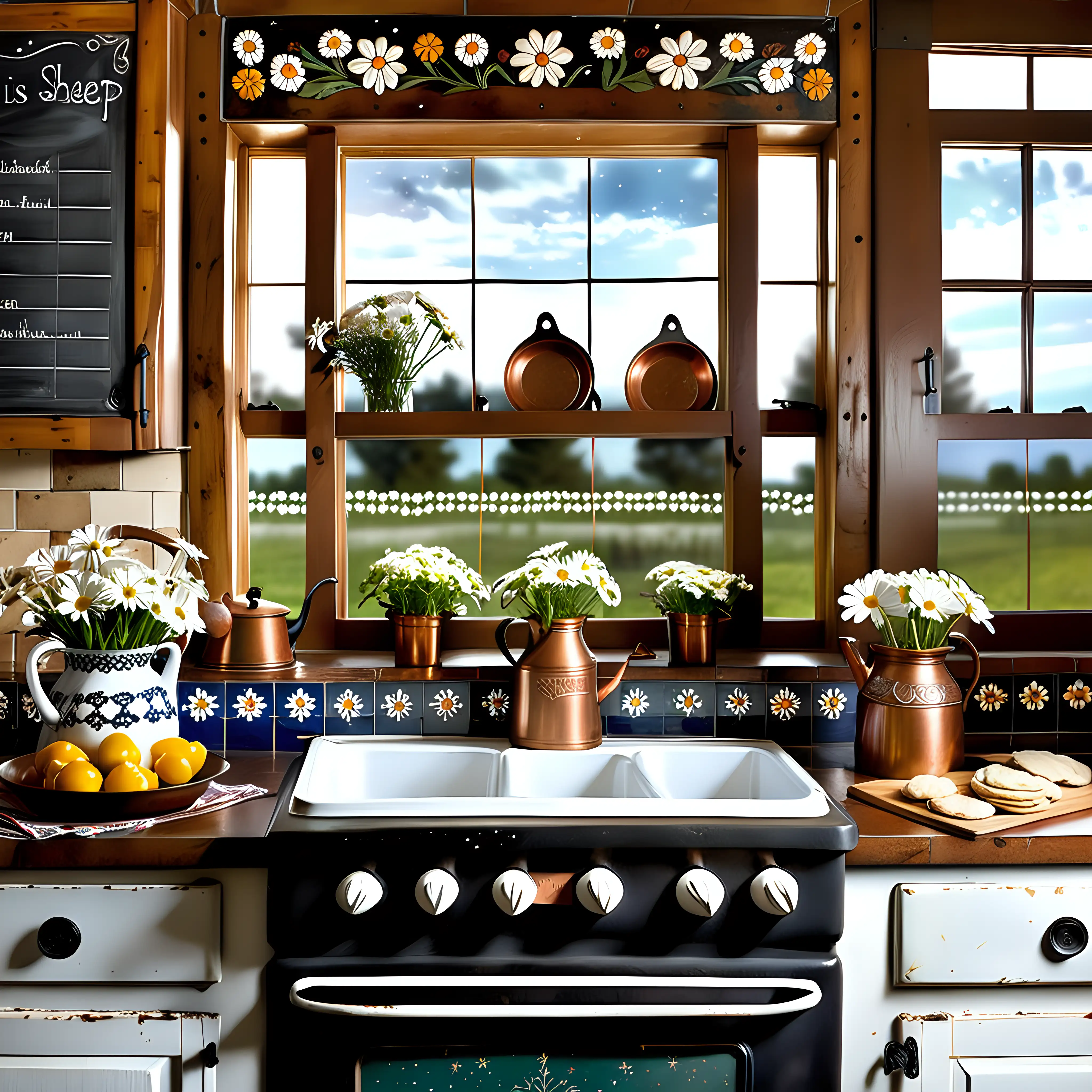 Envision a warm, rustic kitchen . The kitchen table is a solid wood farmhouse style, with a vase of fresh daisies in the center. Hand-painted tiles create a backsplash behind the stove, and a window above the sink offers a view of the starry night sky. Copper pots hang from a rack above, and a chalkboard menu lists comforting meals. A small, sheep-themed cookie jar sits on the countertop, adding a touch of whimsy to the heart of the home