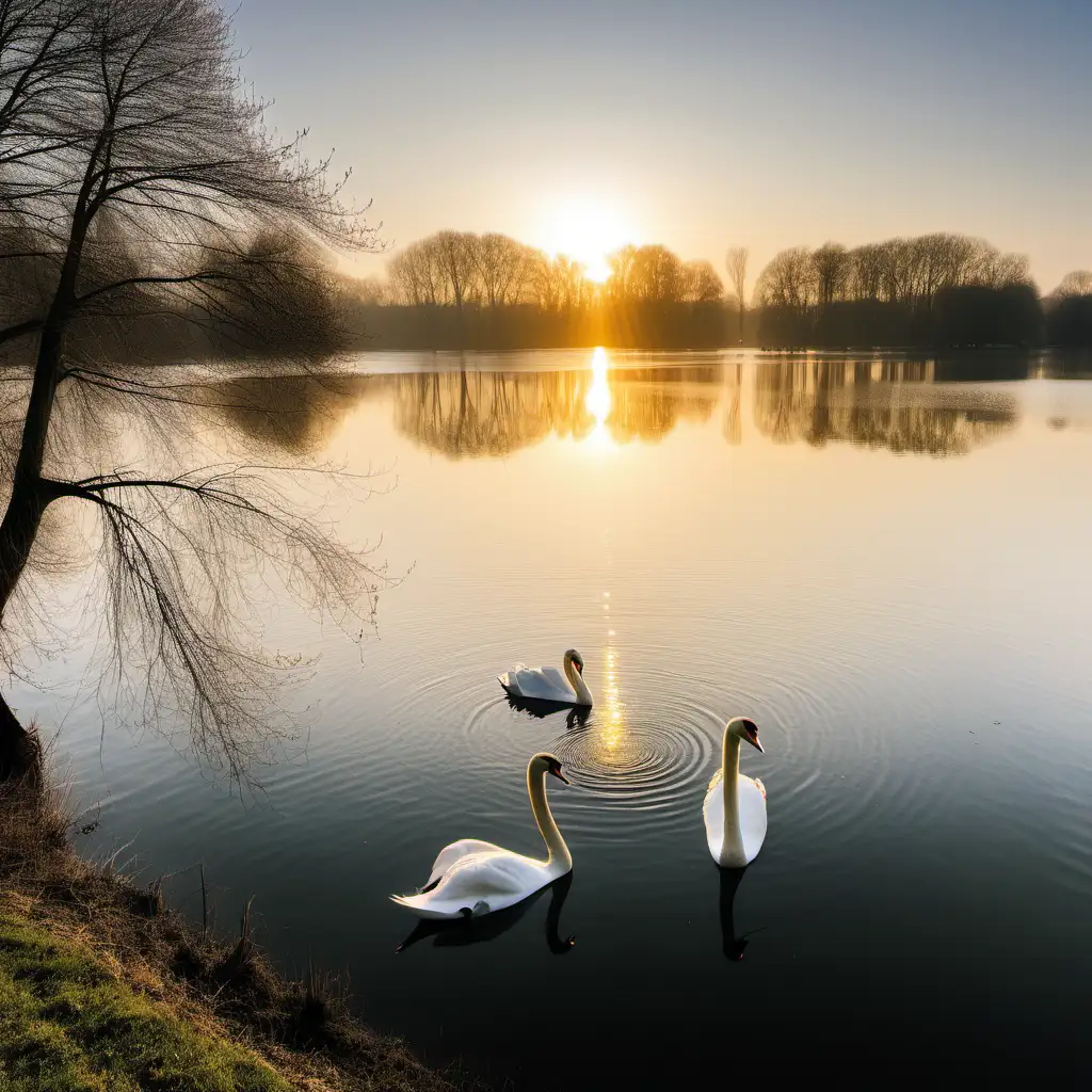Glistening lake with 2 swans