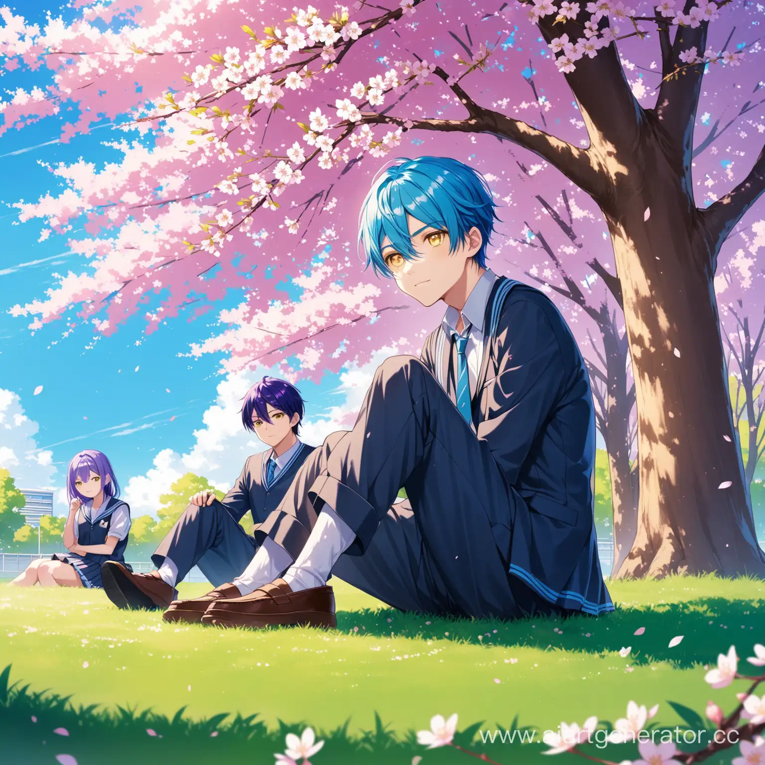 Two-Boys-with-Unique-Hair-Colors-Relaxing-by-Cherry-Blossom-Tree