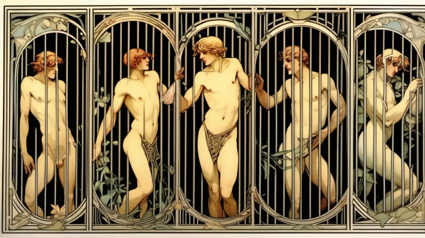  piccoli uomini nudi in una gabbia, art deco Mucha style