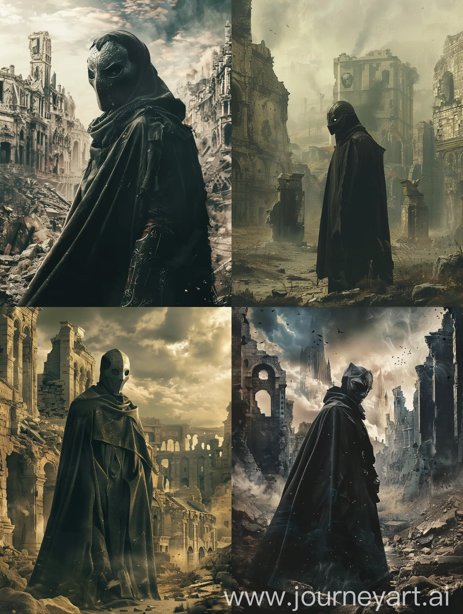 Mysterious-Figure-in-Ruined-Medieval-City-Dark-Cloak-and-Masked-Character