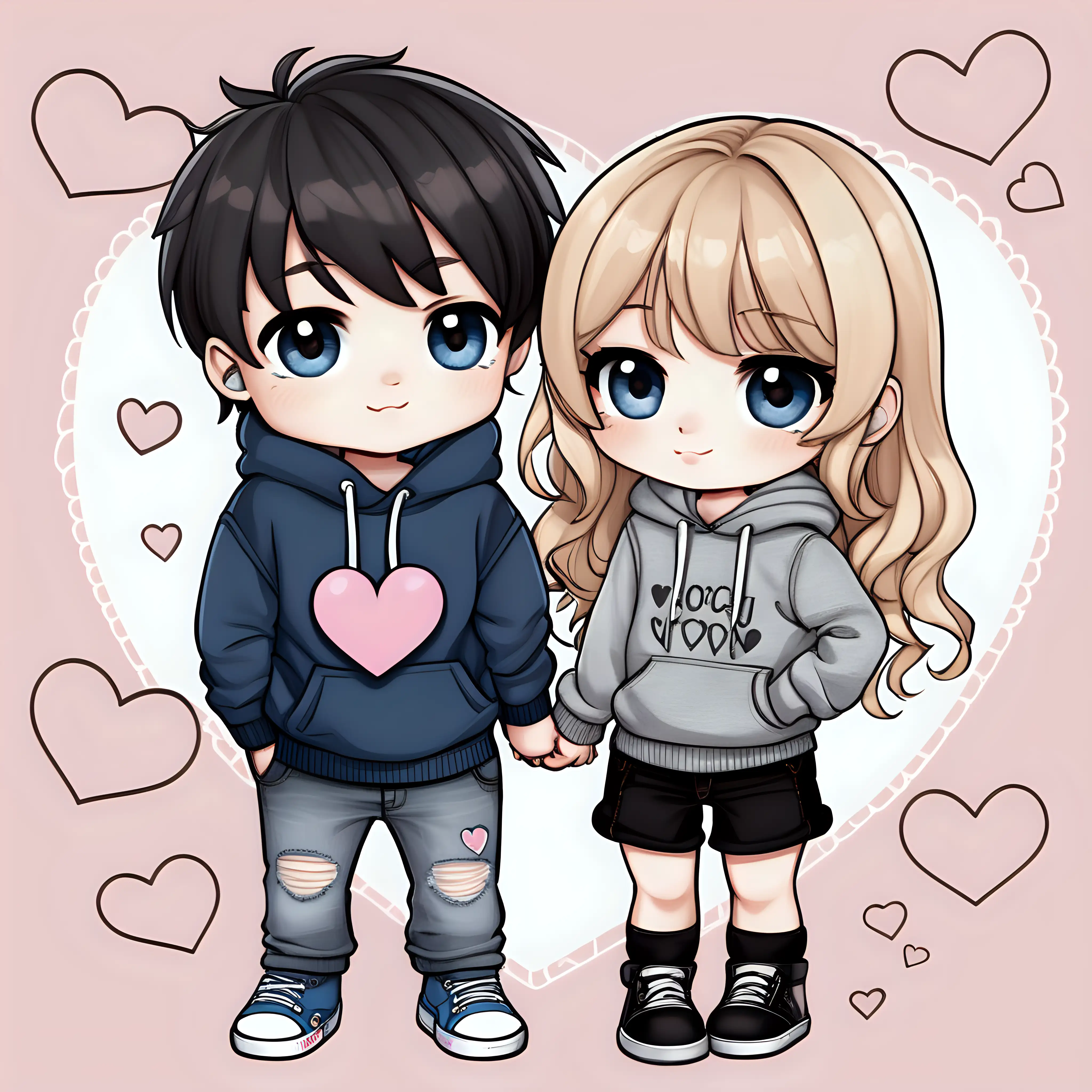 Cute, chibi couple,

Cute 4’11” girl, with  chubby cheeks,  
long wavy blonde hair  bangs,  big 
blue eyes , wearing ripped jeans and gray sweater.  

Boy 5’8”, has very short black hair, he has big brown eyes, wearing black sweatpants,  blue sweatshirt.  

Blueish Valentine’s Day background, few details, dreamy, hearts and clouds