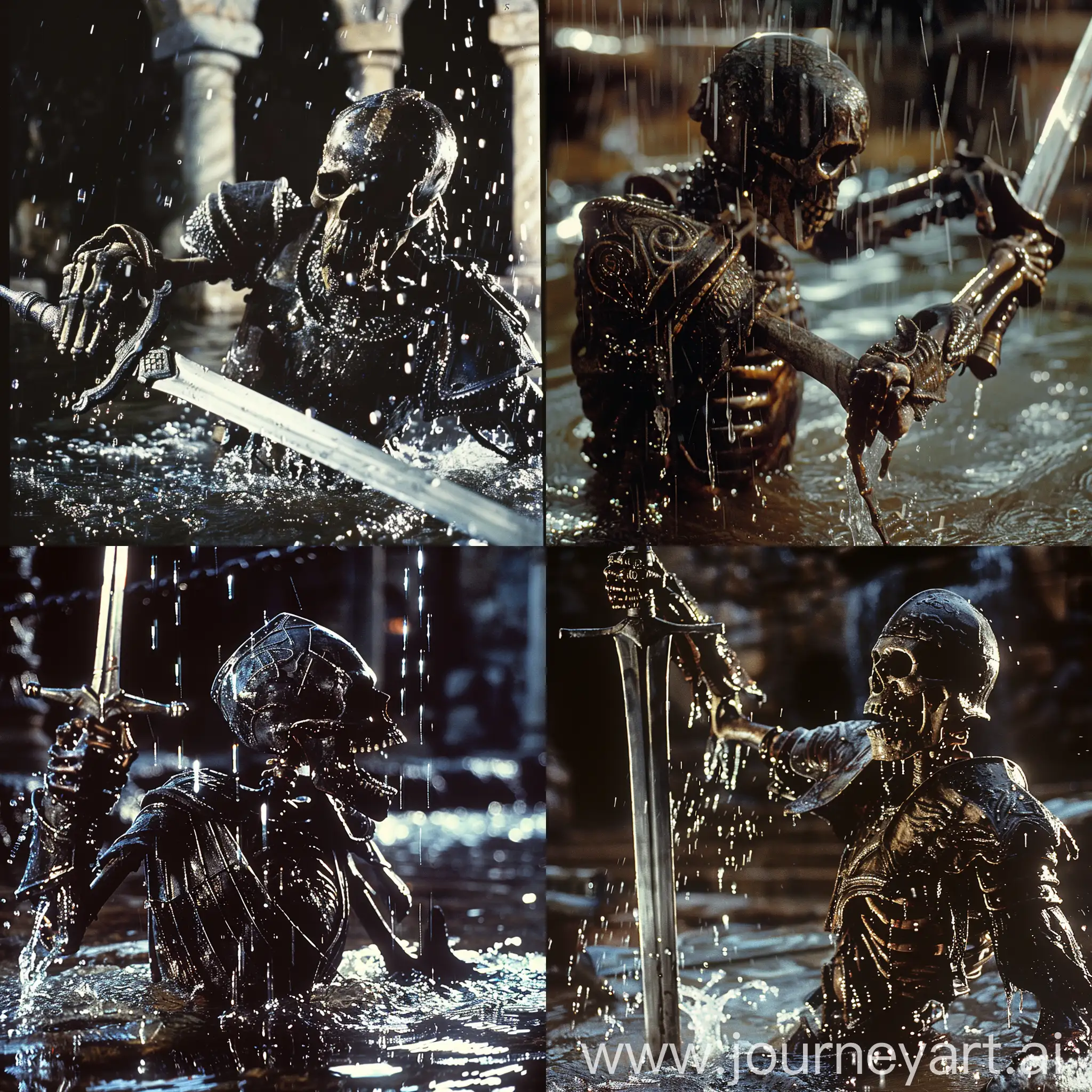 1980s medieval film still from excalibur, closeup shot, a demonic skeleton dressed in armour swielding a sword out of the water, shot on kodachrome, cinestill 800D, heavy rain, wet, raindrops, high contrast, saturated colors, film grain, halation, heavenly glow, hard shadows, cinematic lighting