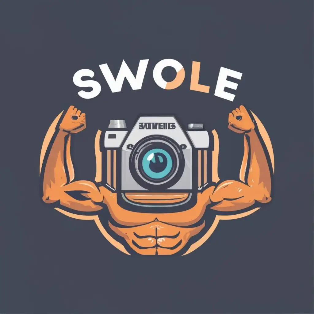 logo, Digital camera with muscular arms and legs, with the text "Swole Shots", typography, be used in Sports Fitness industry