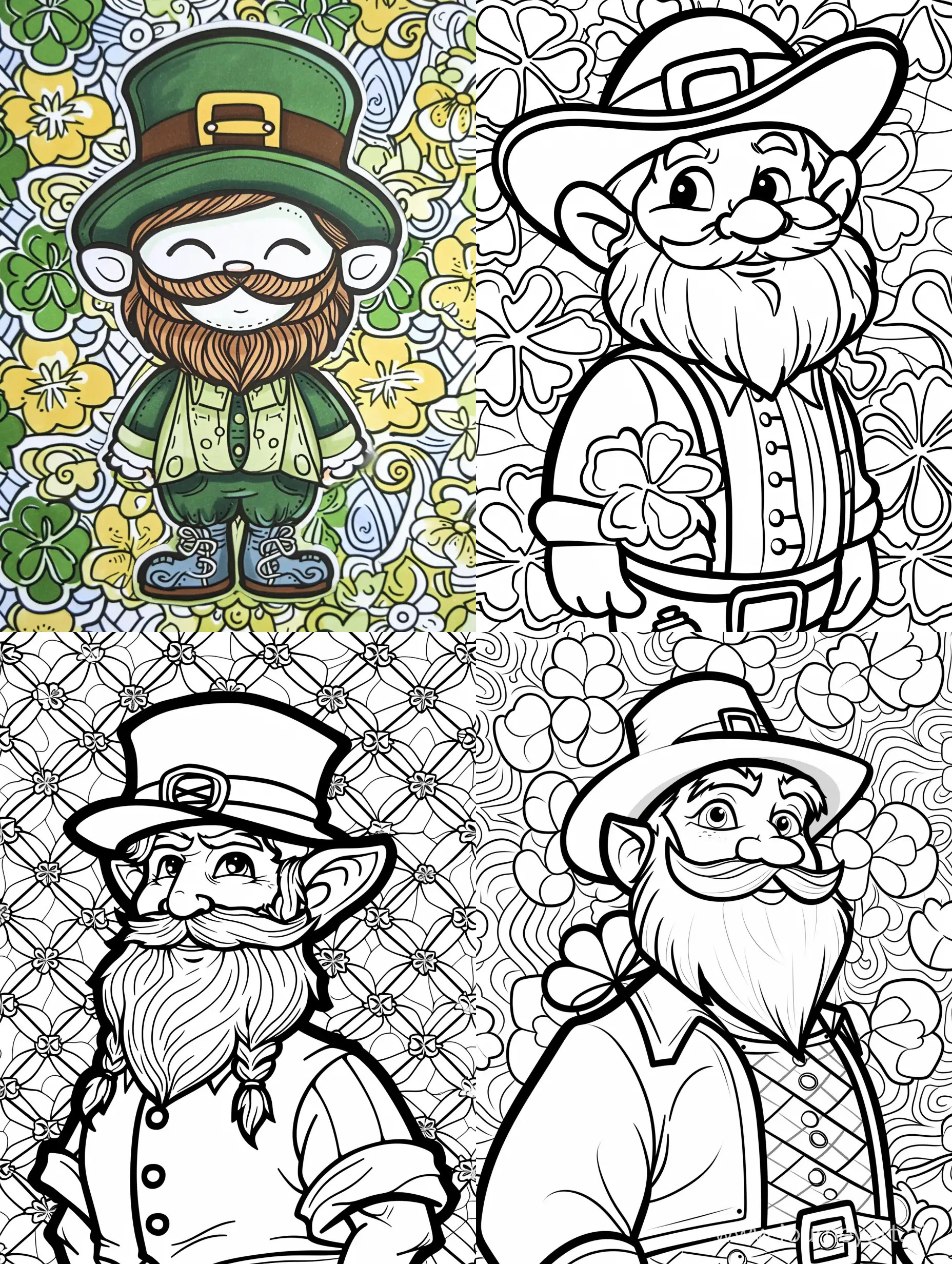 Cheerful-Leprechaun-Coloring-Page-with-Shamrock-Pattern-Background