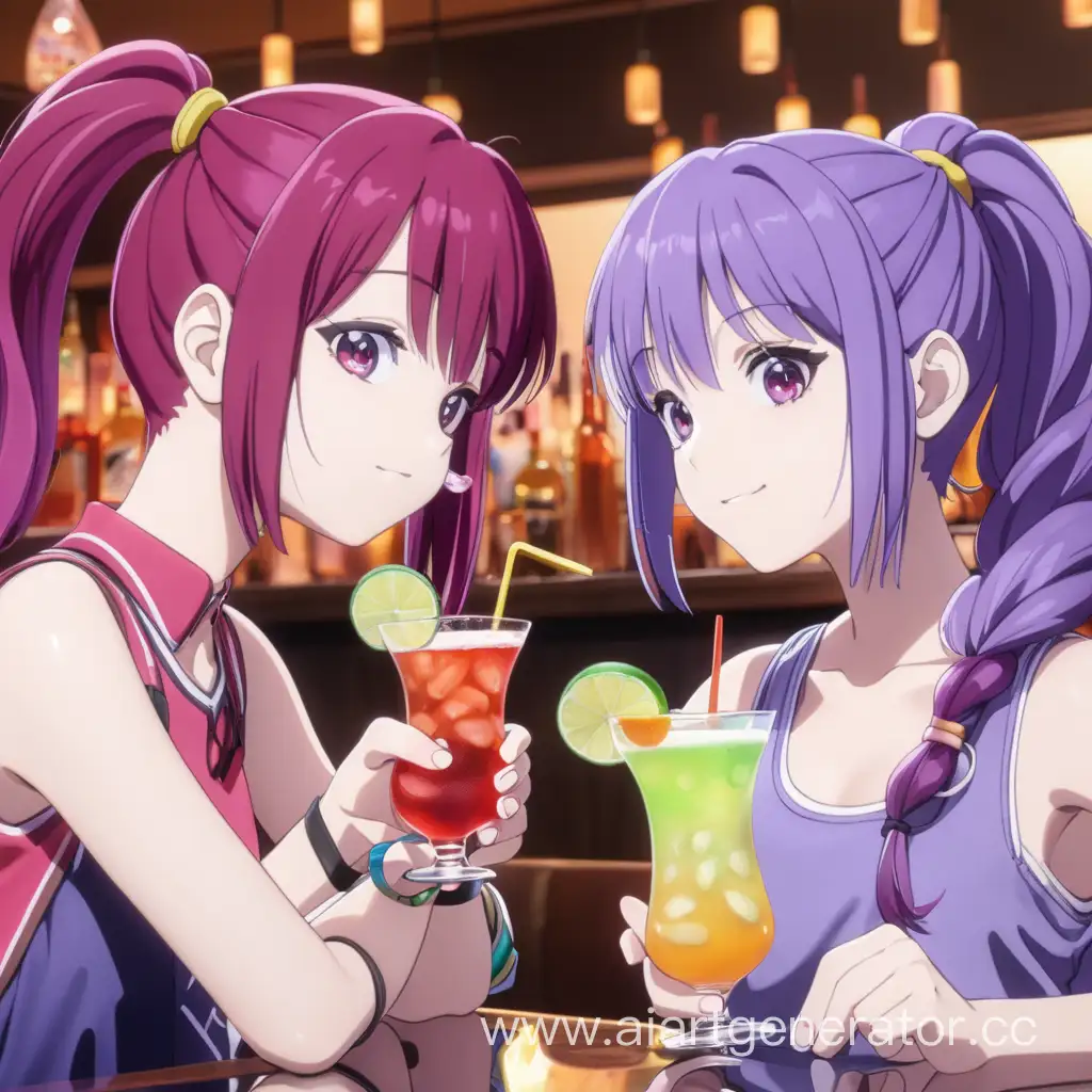 Две девушки с рыжими и с фиолетовыми волосами    радуются и отдыхают и пьют коктели
Аниме  у девушки с фиолетовыми волосами волосы собраны в хвост