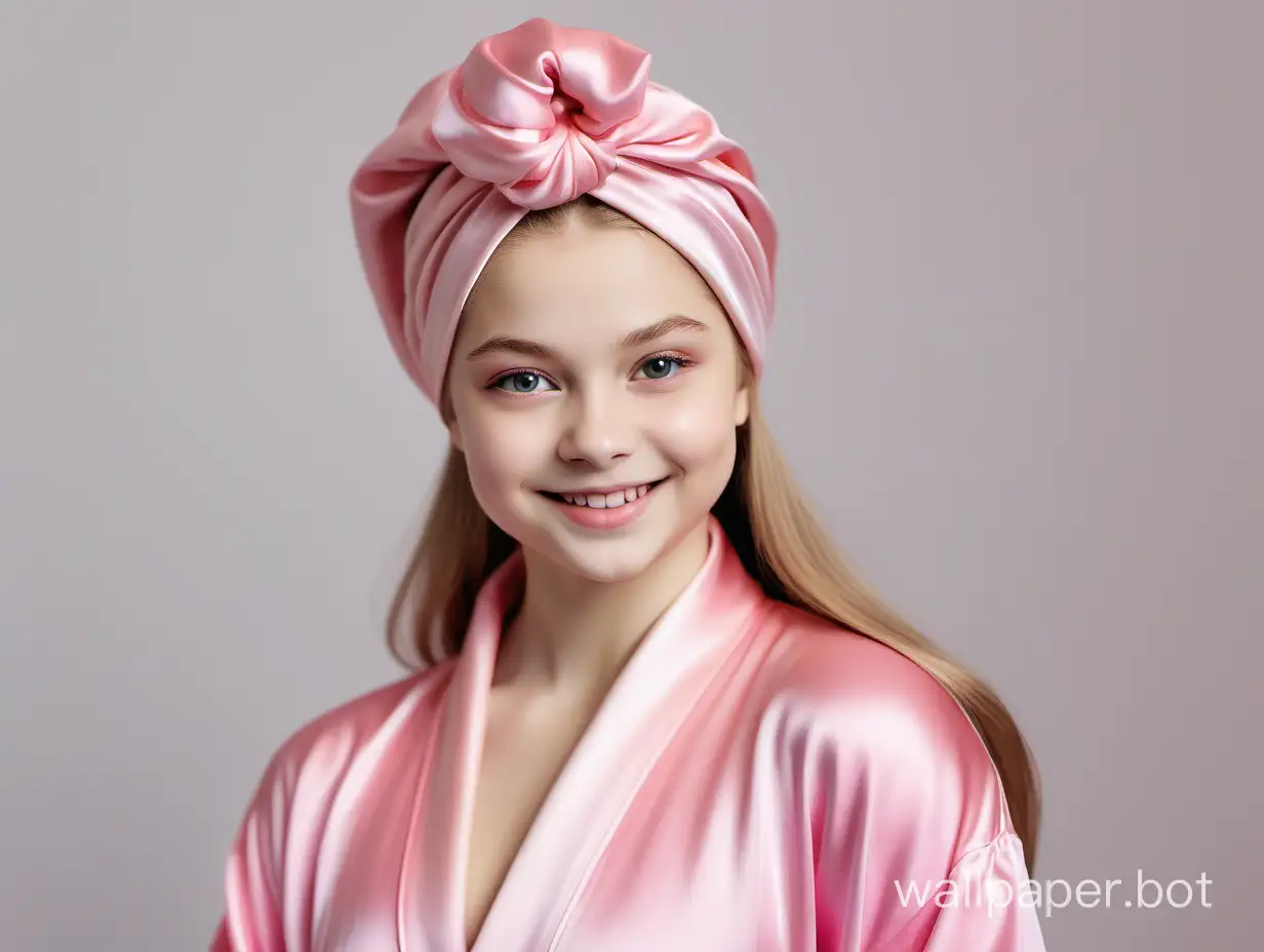 Young Yulia Lipnitskaya with long straight silky hair smiling in Luxurious sweet Pink Silk Robe and pink silk Towel Turban