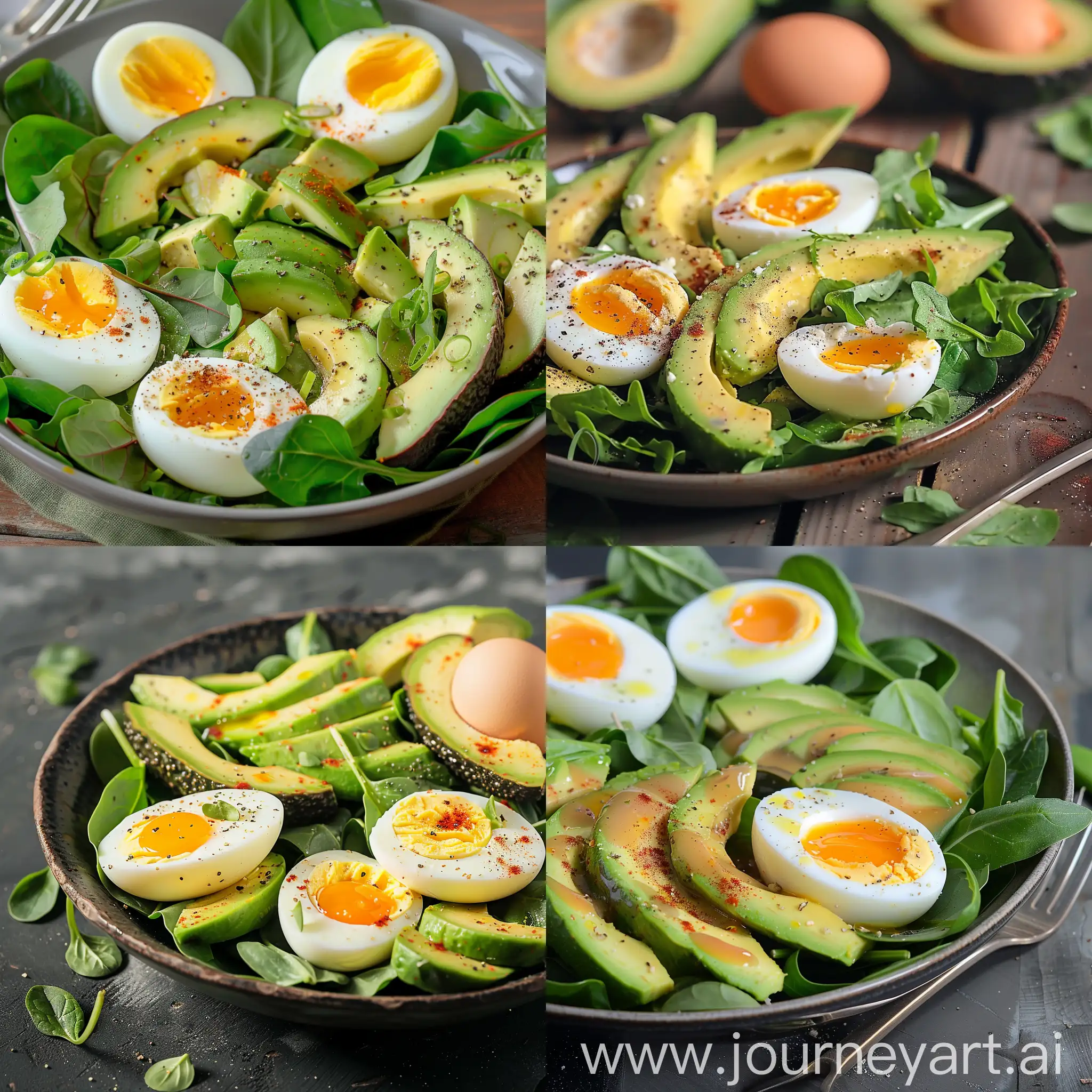 Healthy salad with avocado and eggs and salad leaves