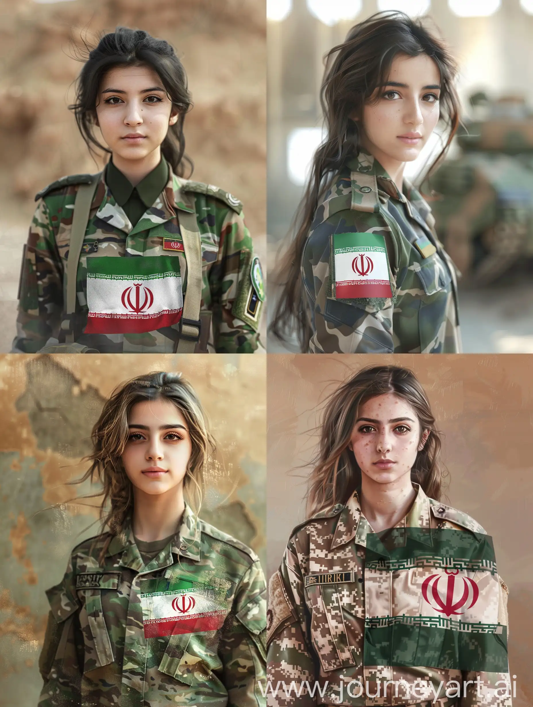 تصویر واقع گرایانه از یک دختر با لباس سربازی که پرچم ایران روی پیراهن آن است