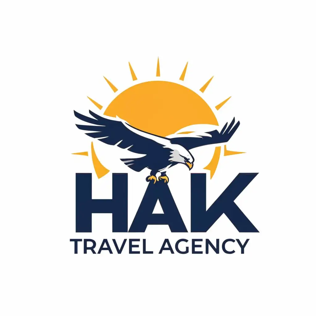 a logo design,with the text "Hawk travel agency", main symbol:Flying Eagle with airplane in background and sun,complex,be used in Travel industry,clear background