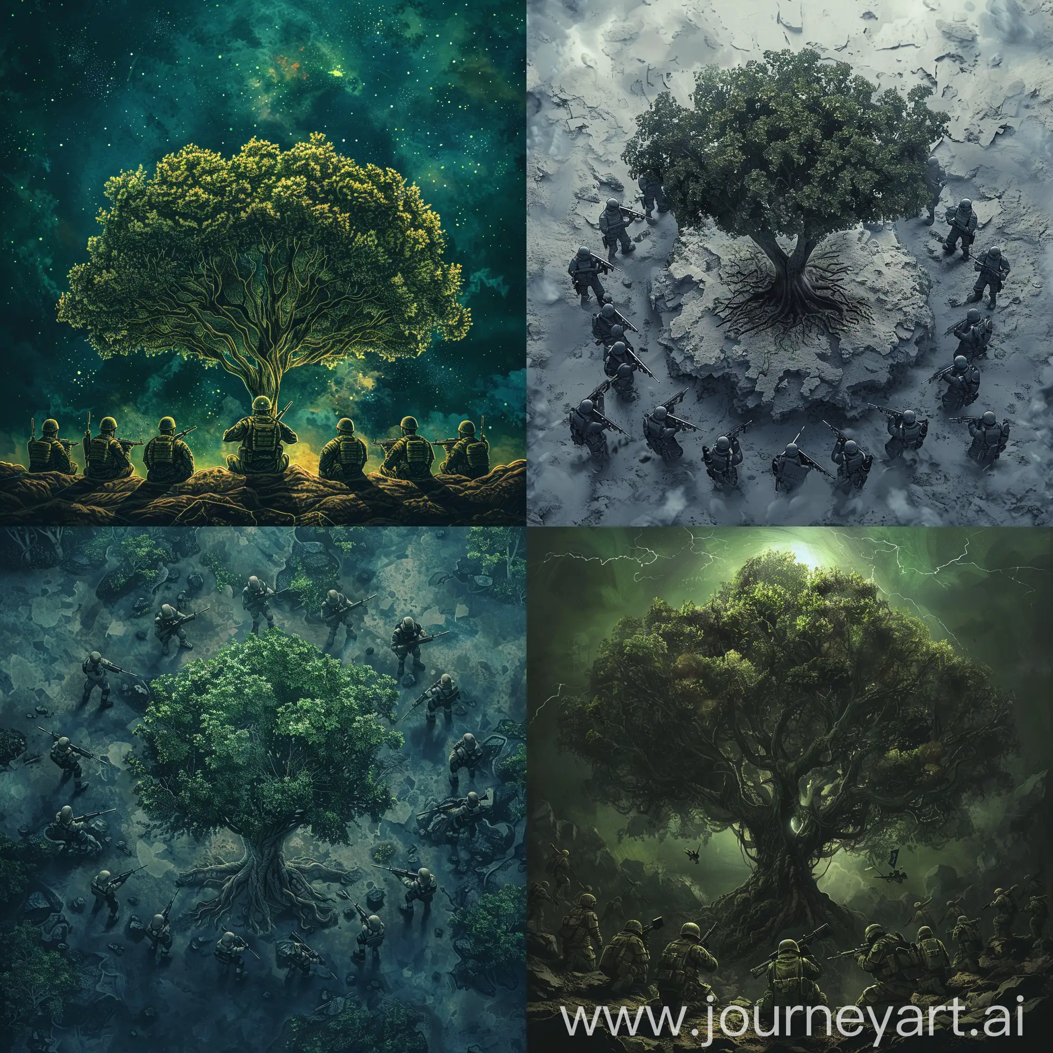 Create an image depicting a squad of soldiers or guardians surrounding and protecting the Last tree on Earth