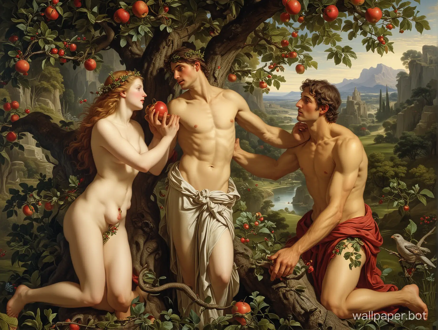 Eve tempting Adam with an apple in the beautiful lush Garden of Eden which looks like paradise, In a tree is the evil serpent, detailed features, sharp image