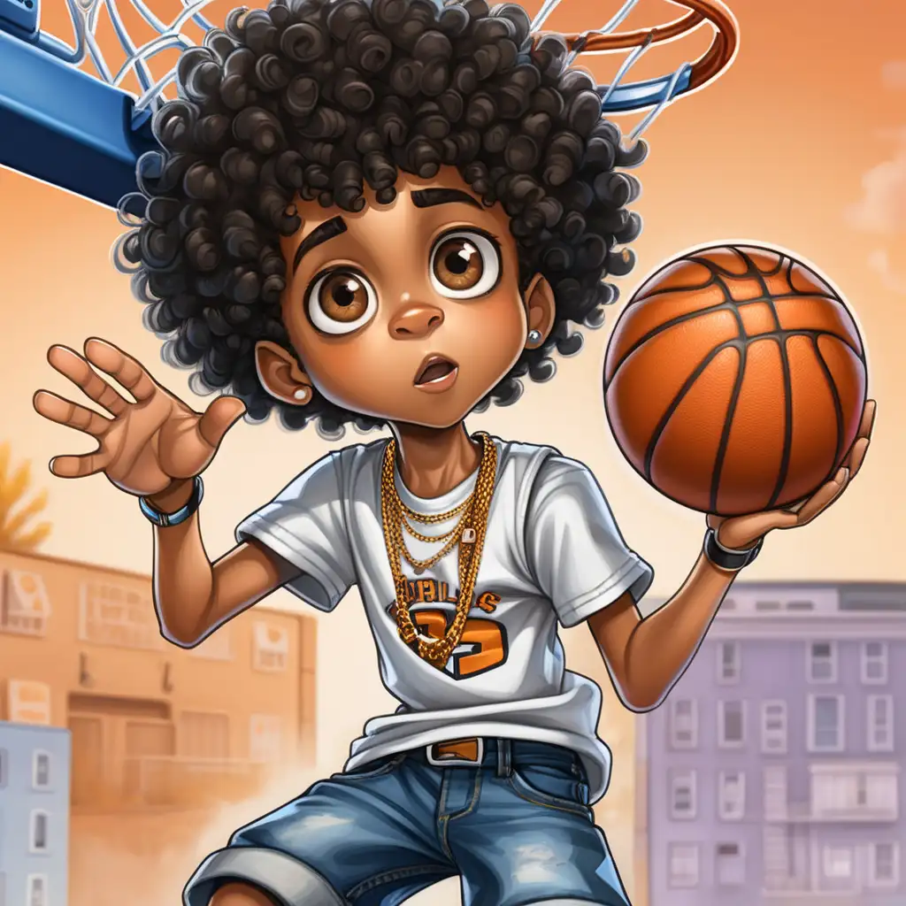  african american boy with a blakc curly hair, big eyes,  necklace,  jeans,dunking a baskkeball, baskeball background