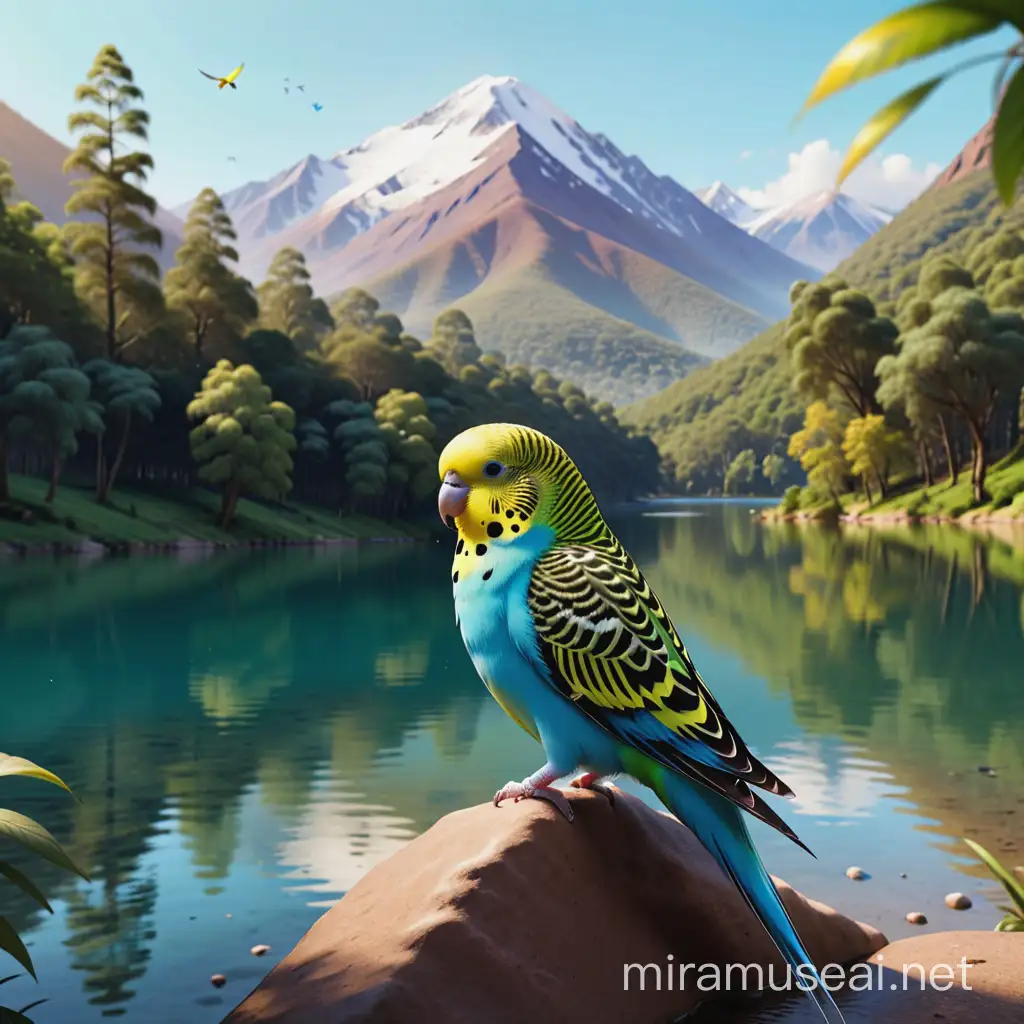 Colorful Budgie in a Tranquil Forest Lake Mountain Landscape