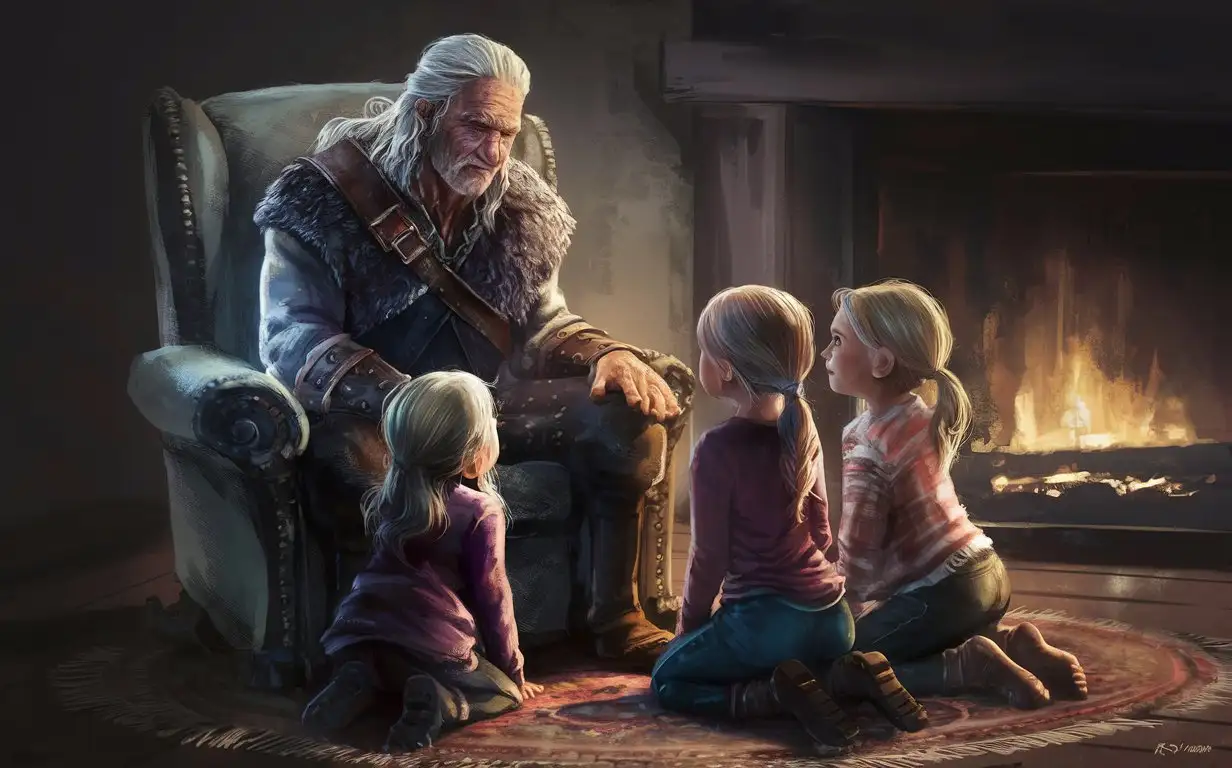 Geralt the old man sits on a rocking chair with his granddaughters on his knees nearby the fireplace carpet