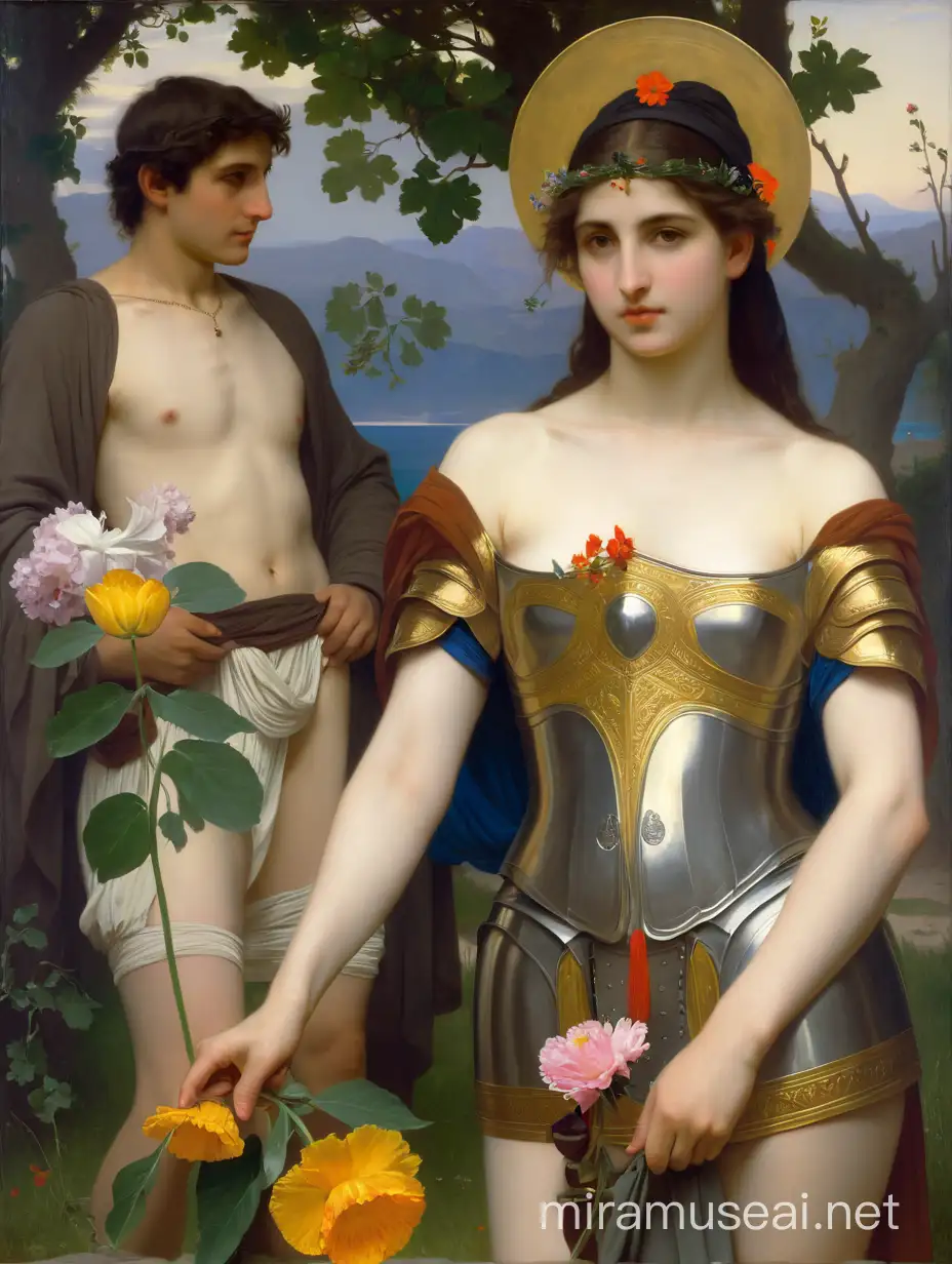William Bouguereau young undressed woman with old man in armor wwith flower