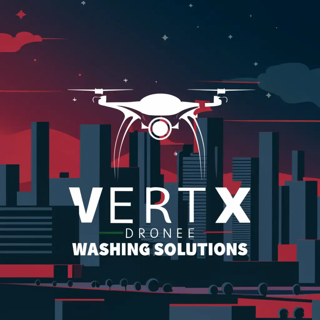 a logo design,with the text "VERTEX
DRONE WASHING SOLUTIONS", main symbol:Drone and rooftops and buildings clean,complex,clear background
