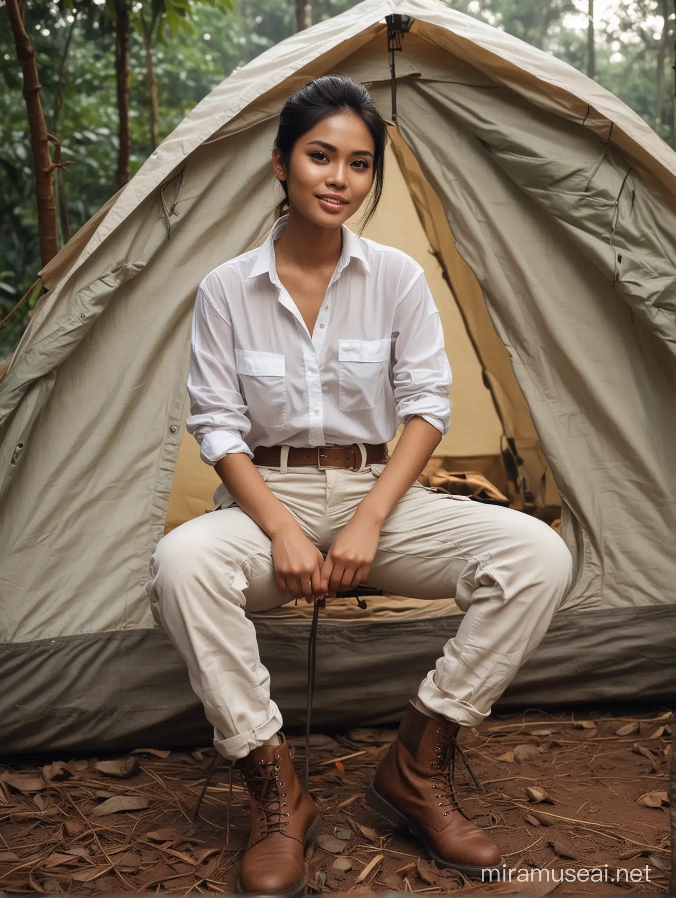 Ultra realistic, photography, very realistic, of a beautiful Indonesian woman ((wearing a thin white shirt, thick cargo trousers, boots)), beautiful face, beautiful eye, sitting in front of a camping tent in tropical forest while playing guitar, smiling faintly, looking at the viewer, nearby there is a small campfire, twilight atmosphere, minimal light, thin mist covering the forest