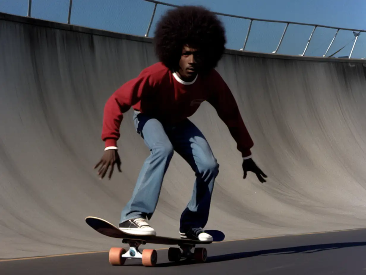 footage from 1980s sci fi movie, man with afro, skateboarding — ar 3:2 — seed 1000