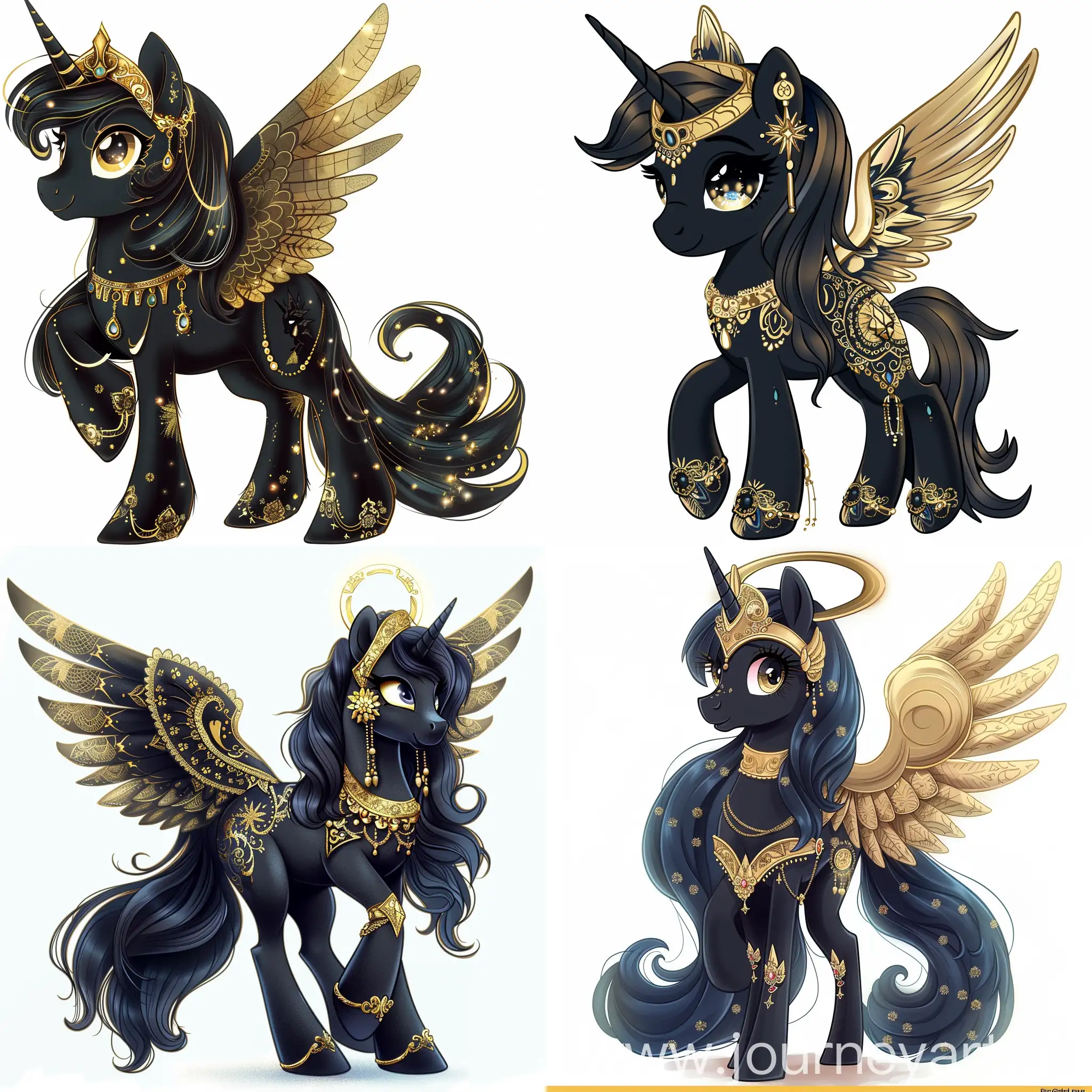Black pony, Gold jewelry, gold patterns, six wings, halo, reference, cartoon character, my little pony