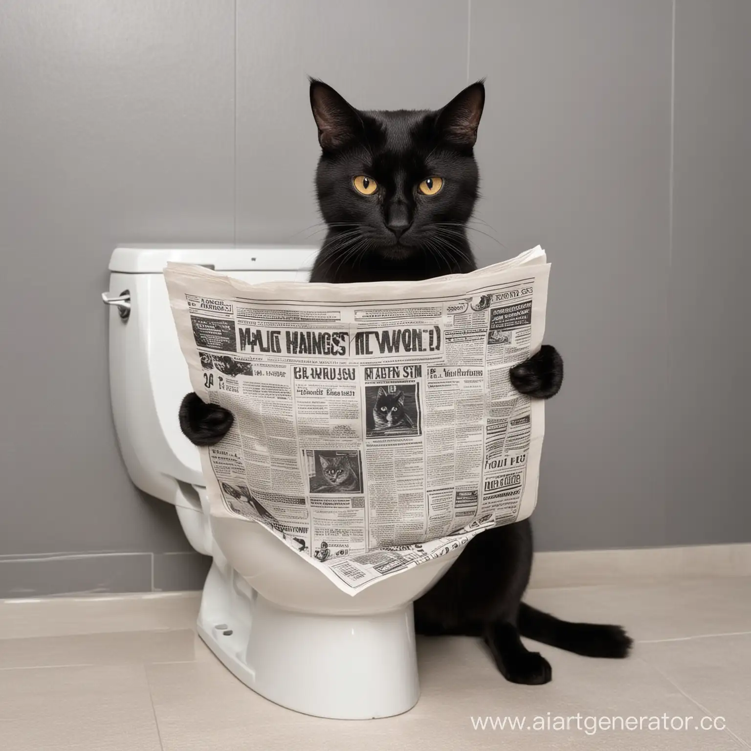 черный кот, сидит на унитазе, читает газету, держит в руках