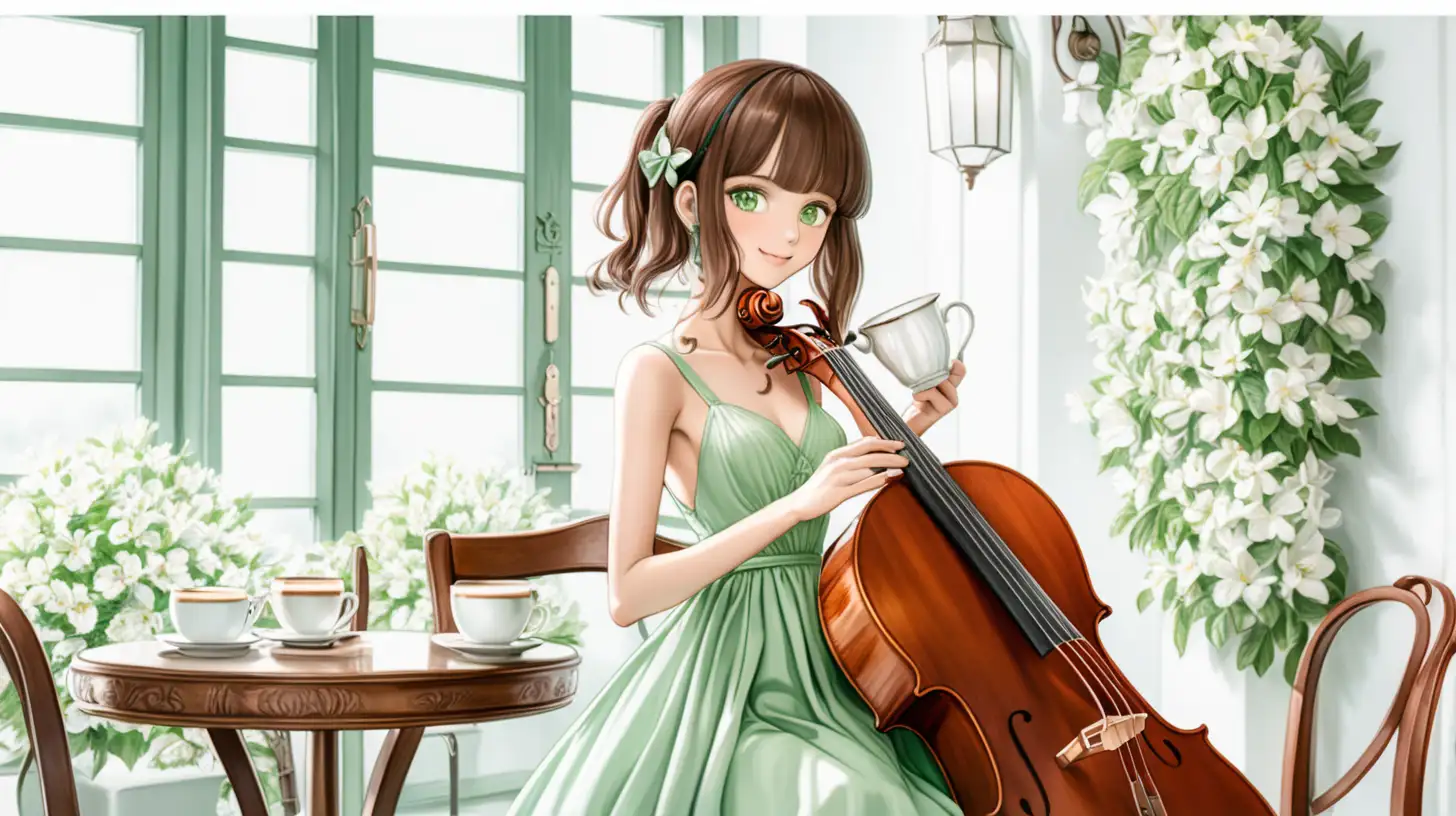 on a white background, at spring cafe, drawn in the anime style a really beautiful brunette girl in an elegant evening pale green dress, standing with cello, holding it in his hand an elegant cap of coffee and smiling