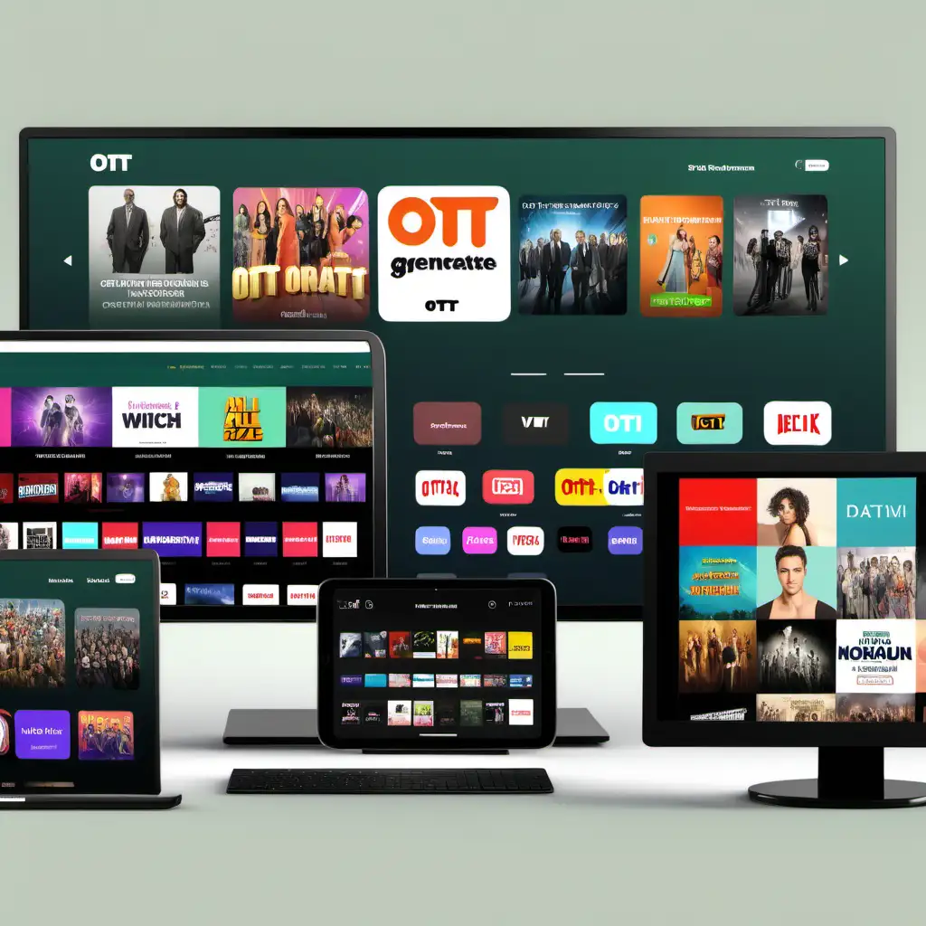 Generate image  for OTT platform showing  all size screens and various streaming platforms
