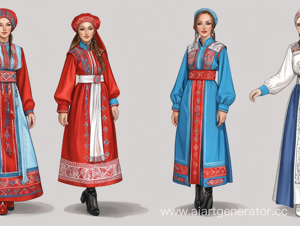 Нарисуй мне коллекцию современной женской одежды на основе народного башкирского костюма