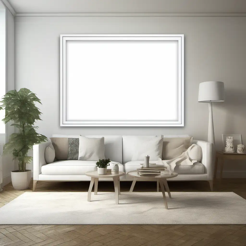 A large white frame, in a living room setting.