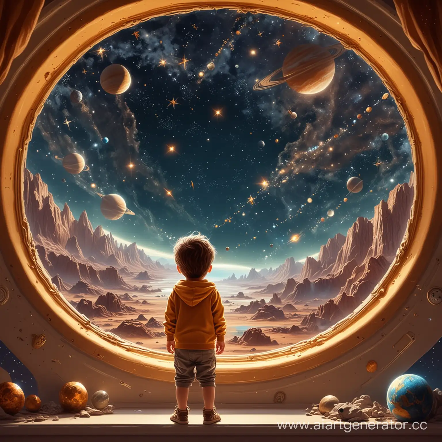 Фантастическая космическая панорама, парад планет, золотые звезды. из иллюминатора звездолета на звезды смотрит милый мальчик, стиль мультфильм