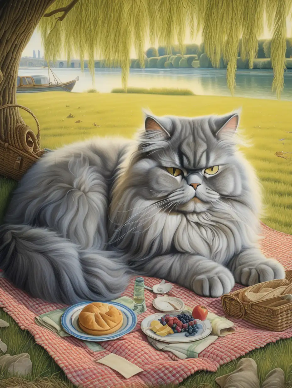 Tranquil Scene Sleeping Persian Cat on Picnic Blanket by Willow Tree