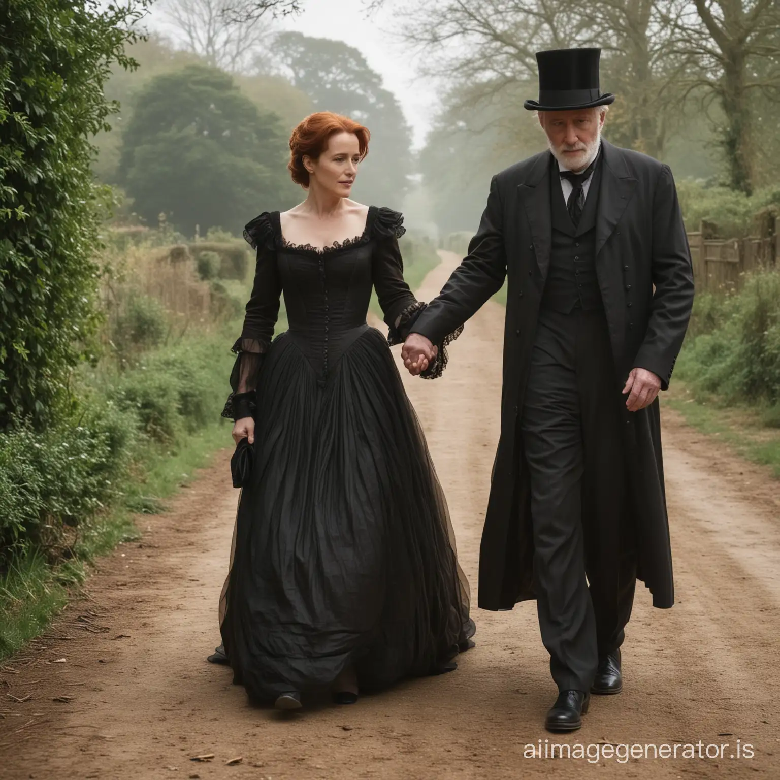 red hair Gillian Anderson wearing a dark brown floor-length loose billowing 1860 Victorian crinoline dress with a frilly bonnet and a floor-length velvet cloak around her shoulders walking hand in hand with an old man dressed into a black Victorian suit who seems to be her newlywed husband