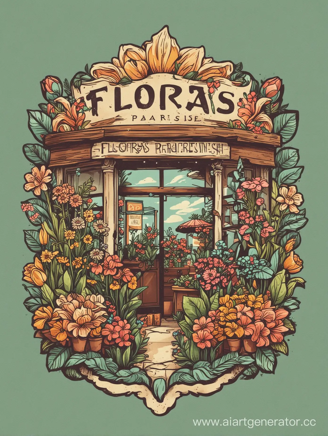 придумай логотип для цветочного магазина  Flora’s Paradise в стиле 
 инди кид