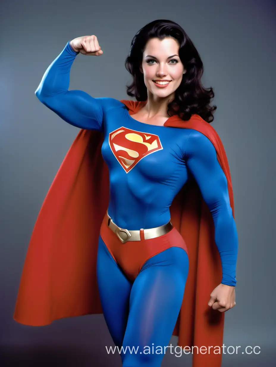 A beautiful European woman with dark hair. Age 30. She has enormous super muscles throughout her body. She is flexing her enormous arm muscles. She is happy and powerful. She is wearing the classic Superman costume from "Superman The Movie", with blue spandex leggings, long blue sleeves, red briefs, and a cape. The symbol on her chest has no black lines.