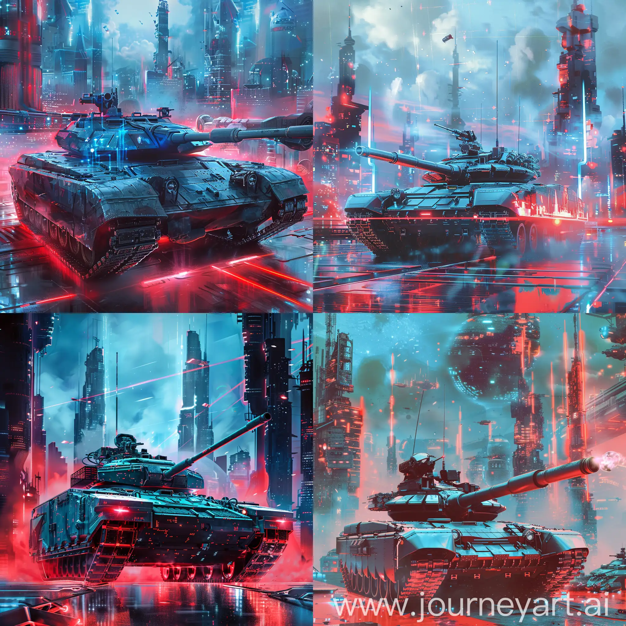 整体形象为一个全息展开的坦克，背景中可融入城市天际线、太空站或其他高技术环境，整体的颜色为红、蓝色组合的氛围