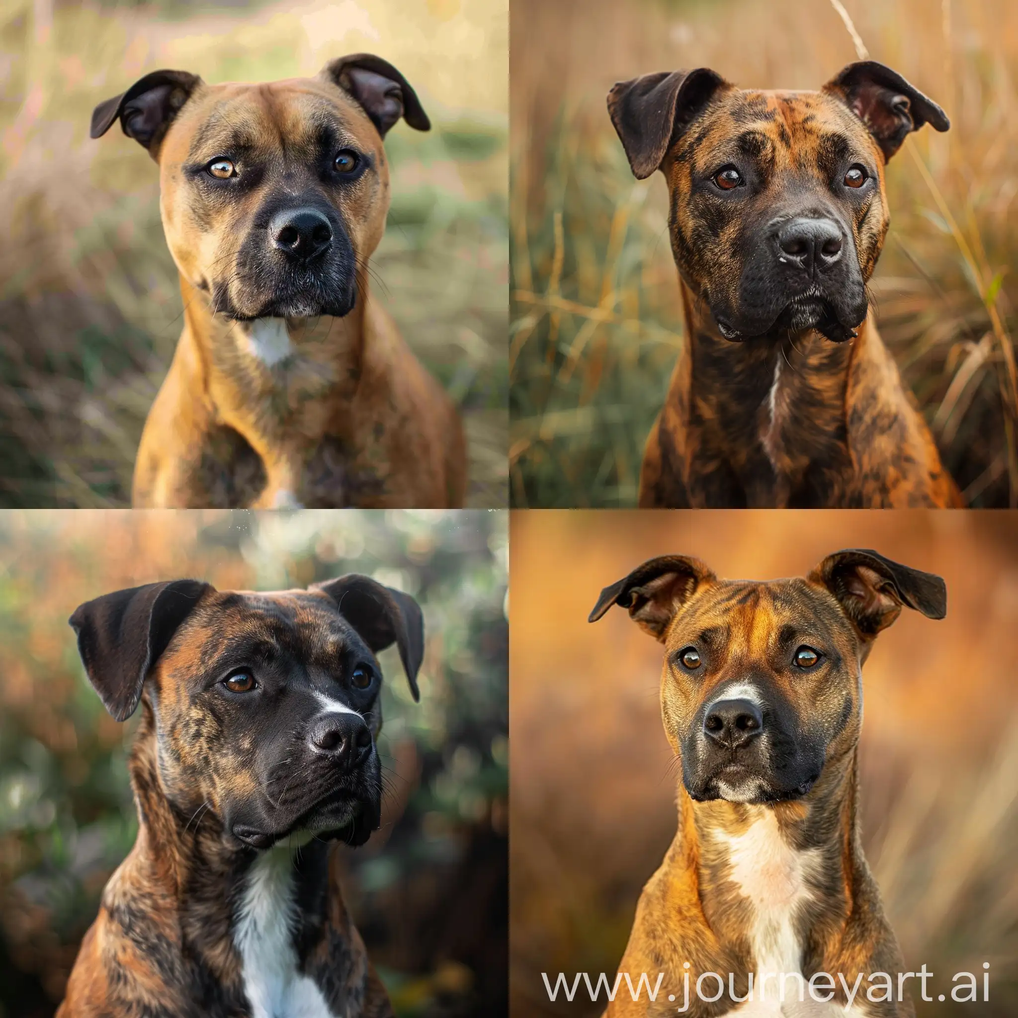 give a photo of a cross dog between staffy and épagneul with the color of a boxer