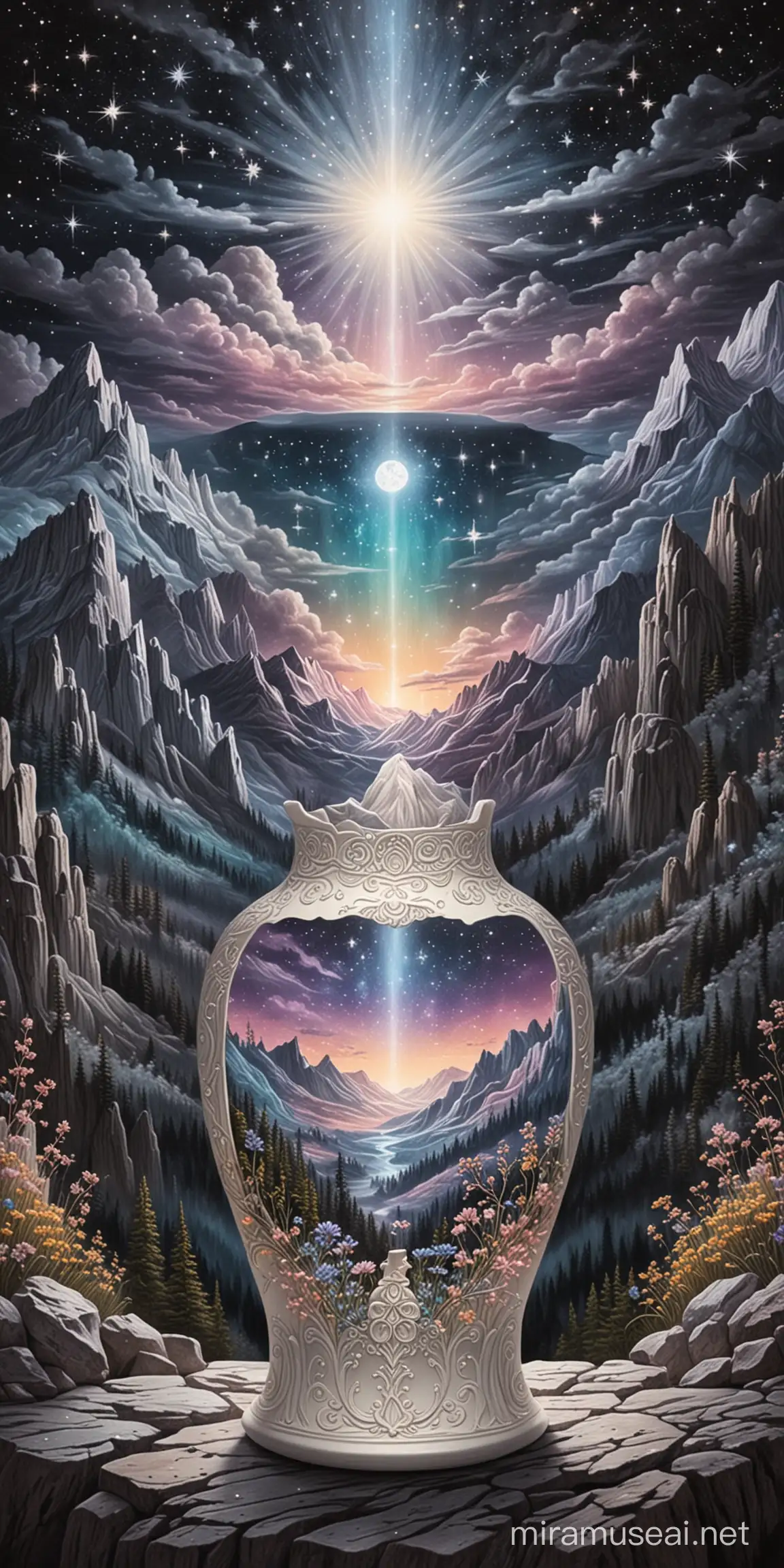 Pastel Drawing of White Vase amidst a Mountain Landscape under a Starry Night Sky