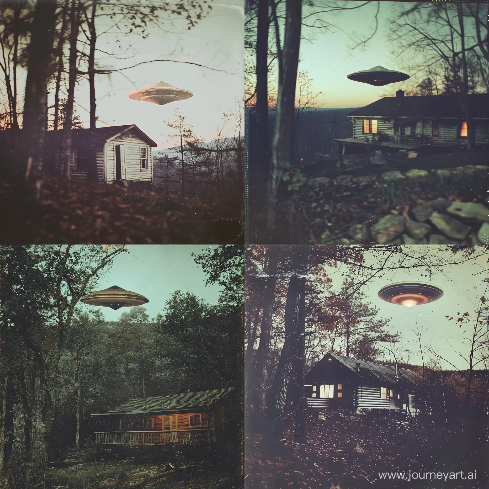 Mysterious-Triangle-UFO-Hovering-Above-Rustic-Cabin-in-Twilight