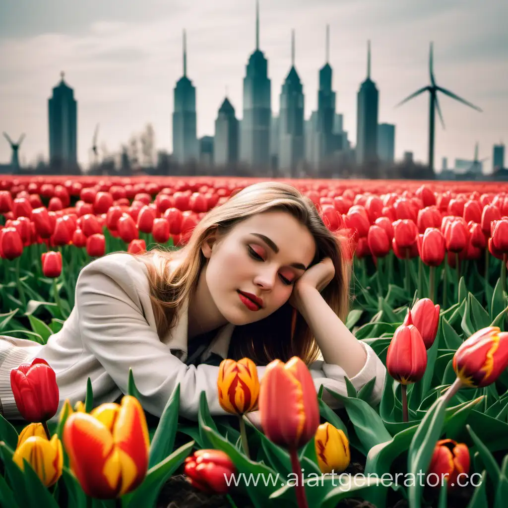 девушка лежит в поле тюльпанов, а на заднем плане мегаполис