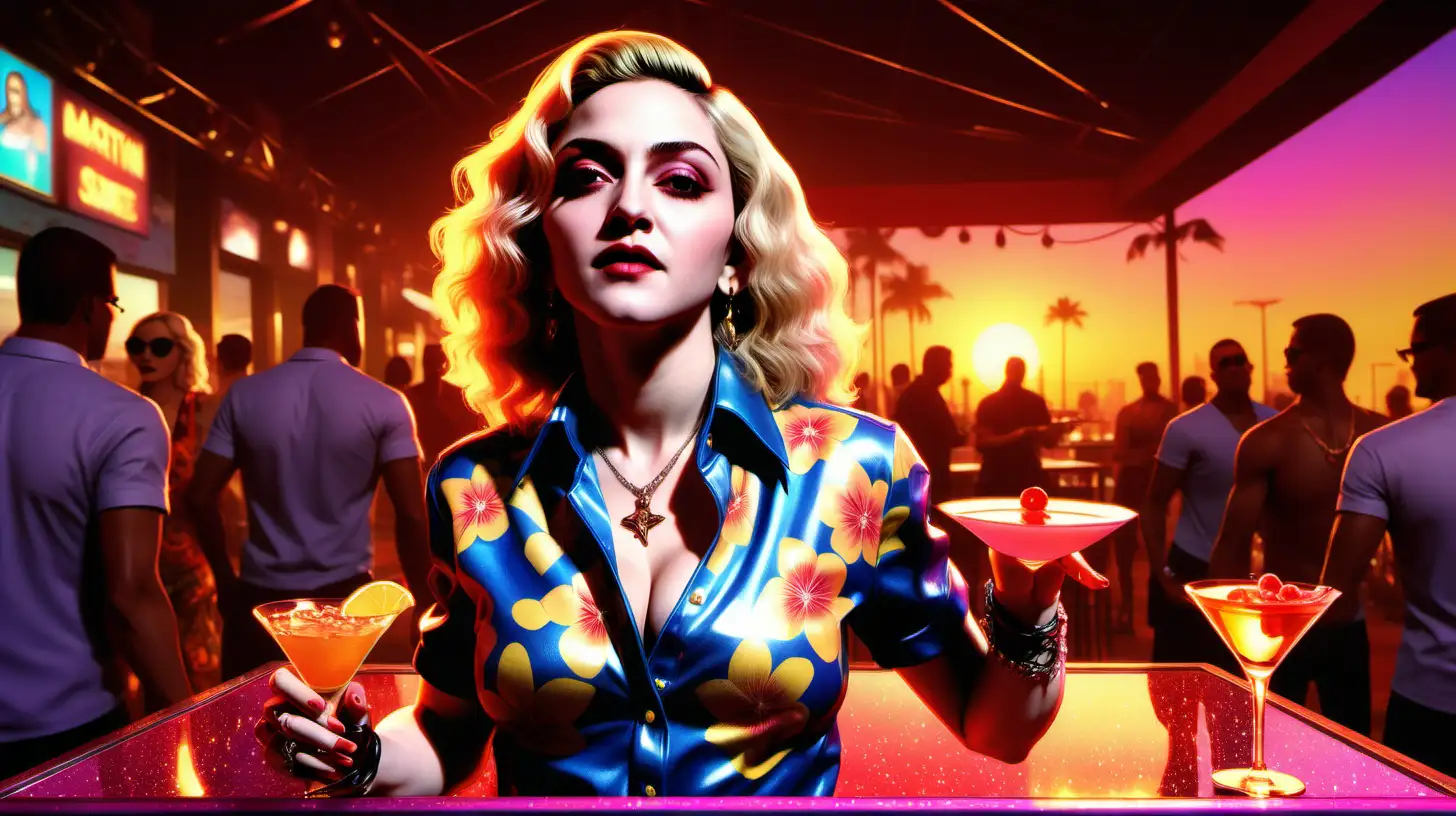 a digital artwork of Madonna, playful stance,  bar setting, in a vibrant glittering flower shirt,martini drinks, sunset background, lively  crowd, GTA loading screen, artwork by rockstar games, created using digital painting tools, exaggerated features, dynamic lighting, vivid colors, party atmosphere
