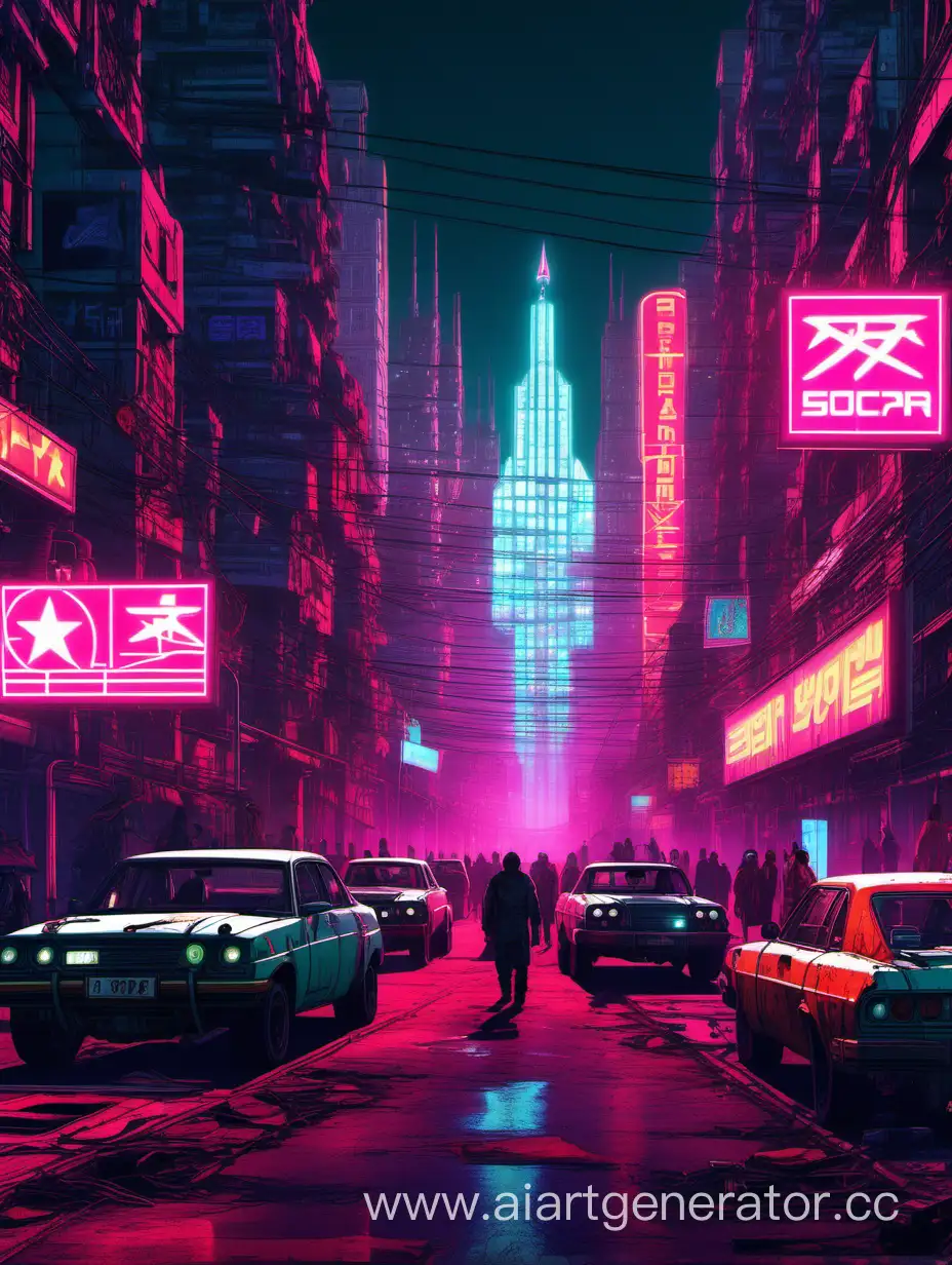 a busy street of the USSR in 2092 in the cyberpunk style, neon buildings and signs aroun. No text