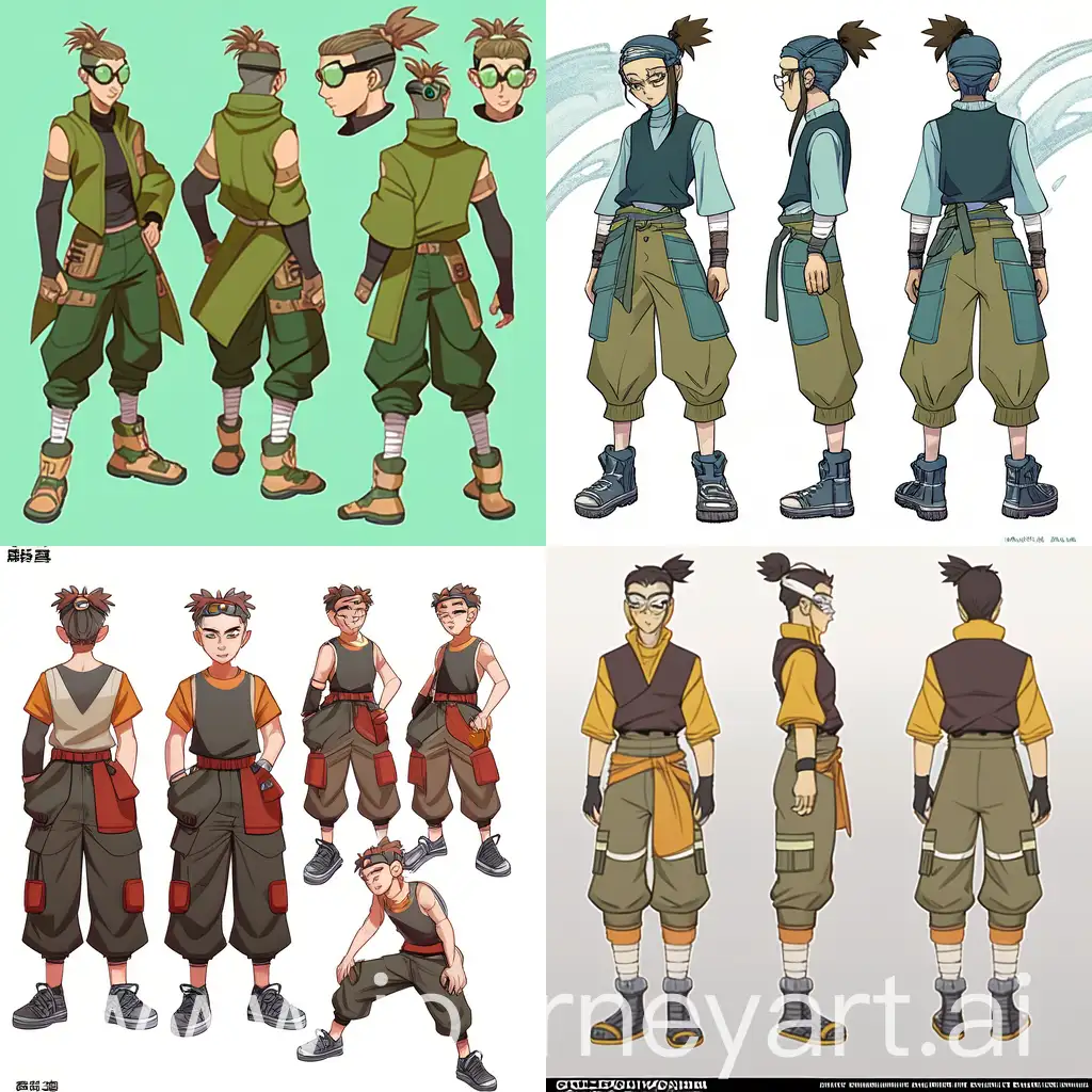 full body shot, looking at viewers, 1 man, reference sheet of a man, wearing a pair of streetwear cargo pants and boots. He has goggles on his forehead, hair pulled into a bun like Sokka from Avatar The Last Airbender, multiple expressions, reference sheet