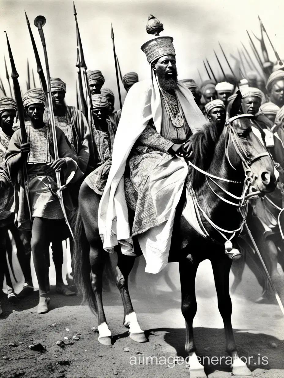 Ethiopian king Menelik ll in the adwa war in 1895 black and White image ,riding the  horse and solders behind him ,wearing Ethiopian traditional cloth of 18th century shema and netela