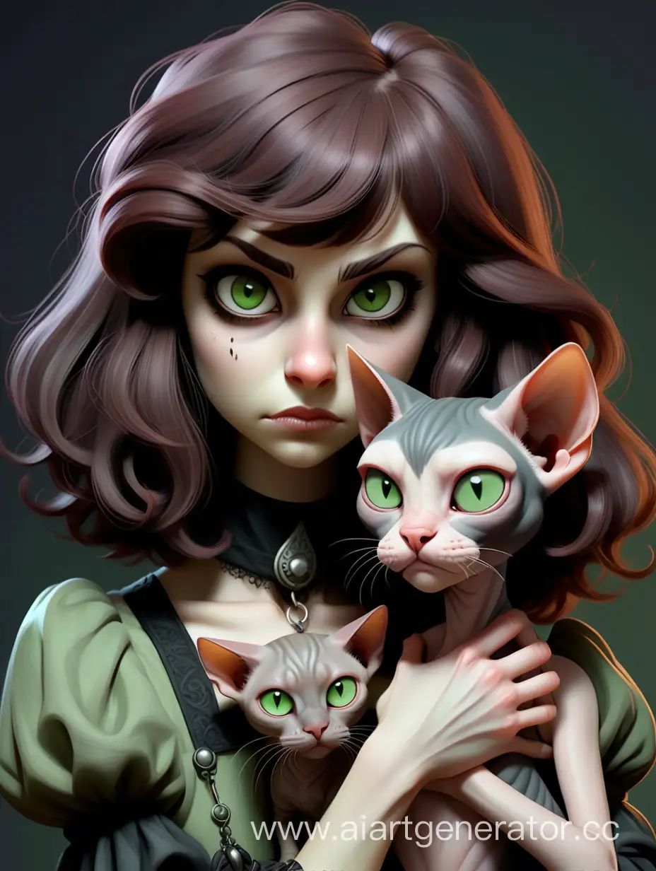 Short young goth vampire girl with slightly curly long brown hair and bangs. She has Dark brown eyes, long eyelashes, quite long nose. HAS A MOLE ABOVE HER UPPER LIP.  She's russian. Her face is round. She is holding grey bold sphinx cat it has green eyes. The cat is on on her arms.
