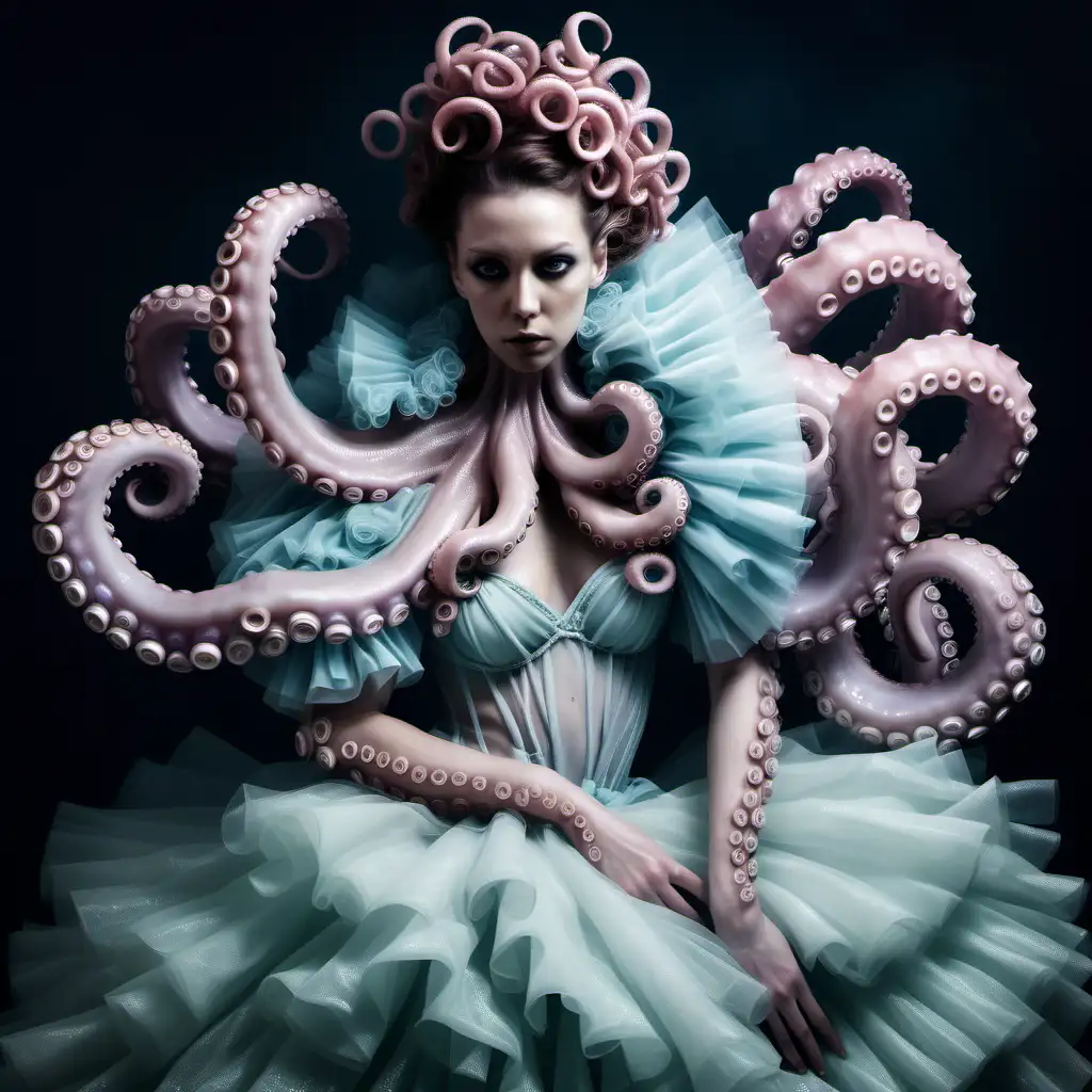 Model lady-octopus, wearing tulle ruffles and folds with tentacles wrapped around her body, soft colors, pearl beads, hyper visual, hyper realistic image