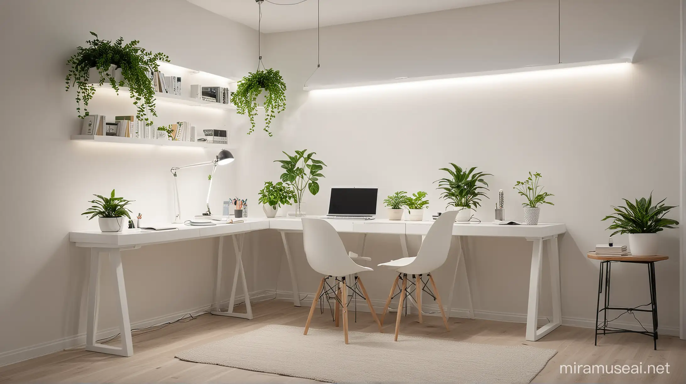 Minimalist White Study Room with Green Plant Arrangement and Decorative Lights